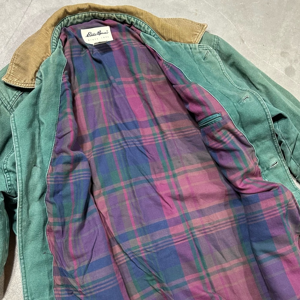 Vintage Distressed Eddie Bauer Faded Green Canvas Barn Chore Jacket Mens Large - Picture 9 of 10
